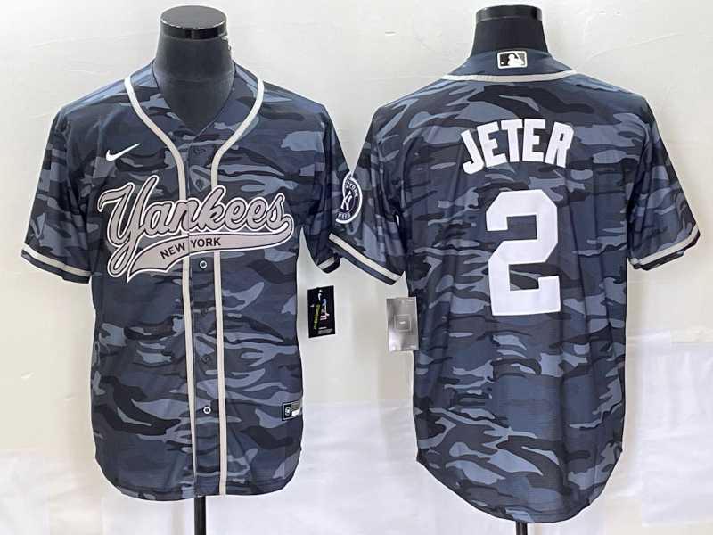Men's New York Yankees #2 Derek Jeter Grey Camo Cool Base With Patch Stitched Baseball Jersey